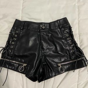 Black Faux Leather Lace Up Zipper Shorts